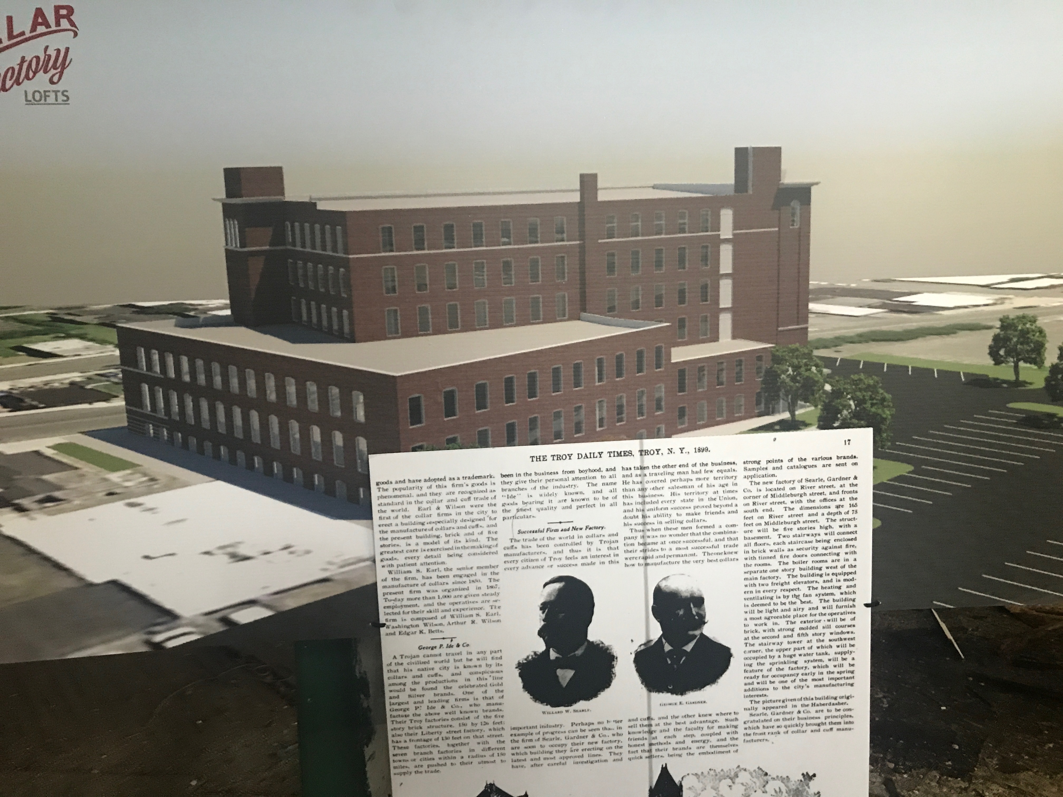 Rendering of renovated building with news article from 1899